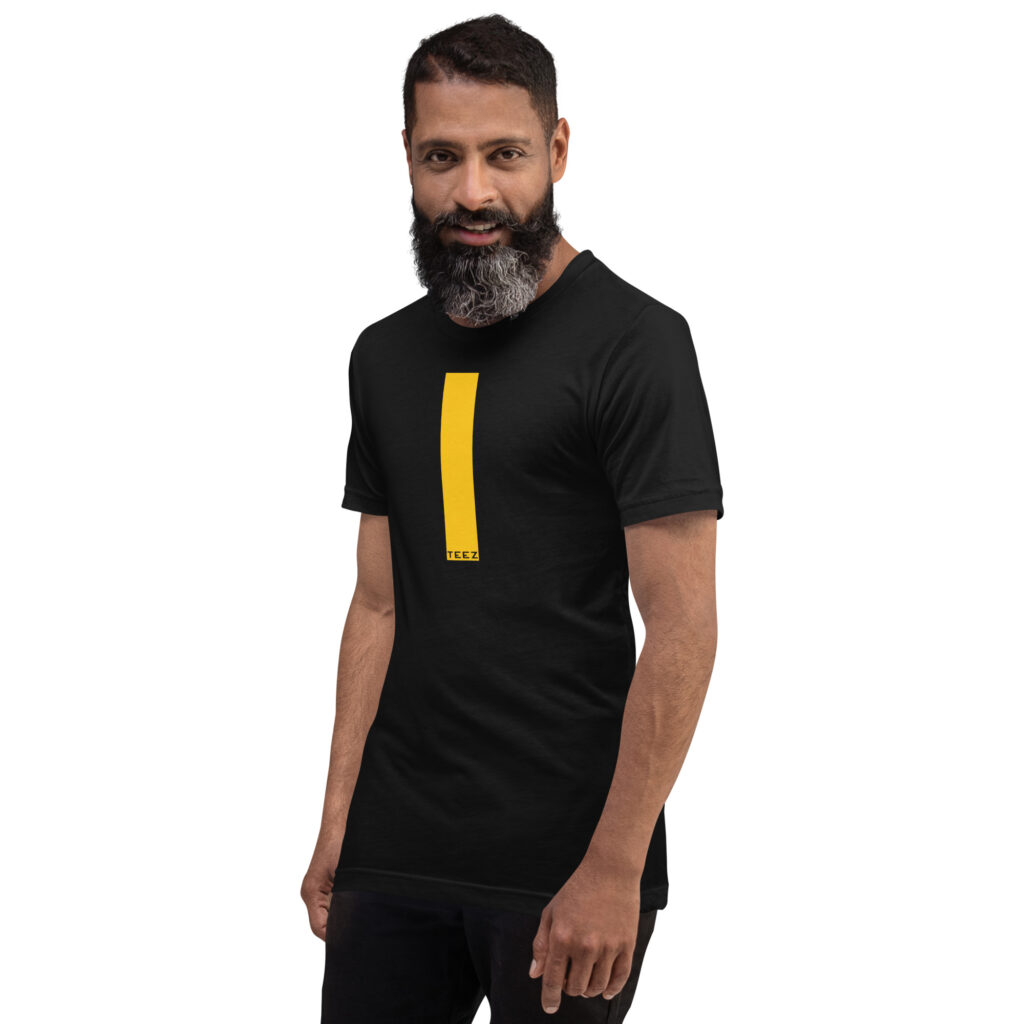 Model wearing Strip TEEZ Yellow on Black T-shirt