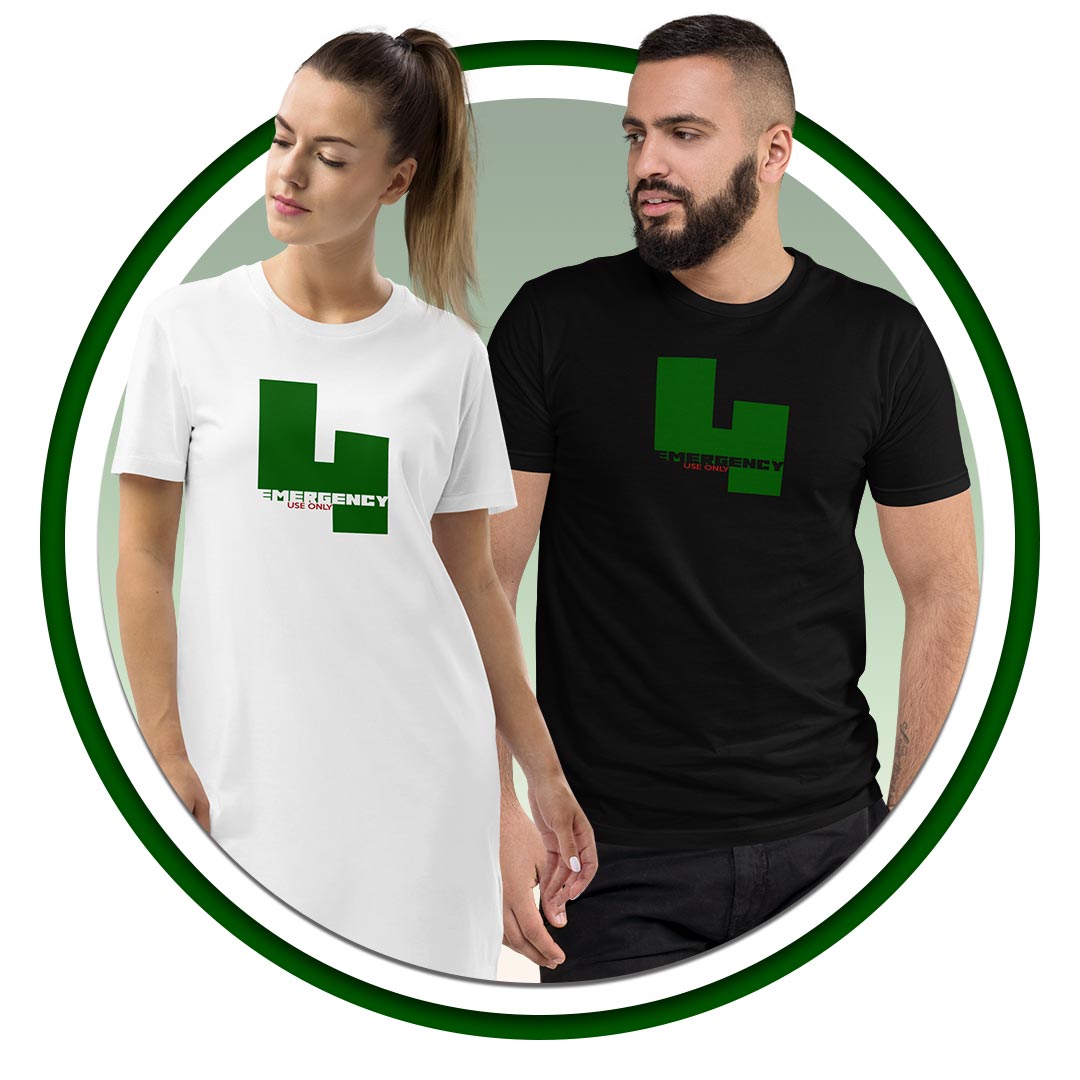 Male & Female Models wearing 4 Emergency Use only t-shirt dress and fitted t-shirt