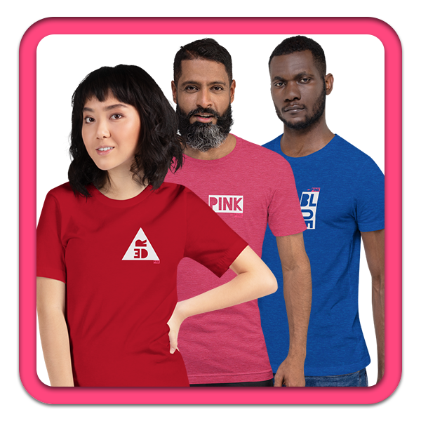 Models wearing Red, Pink and Blue t-shirts by PINK
