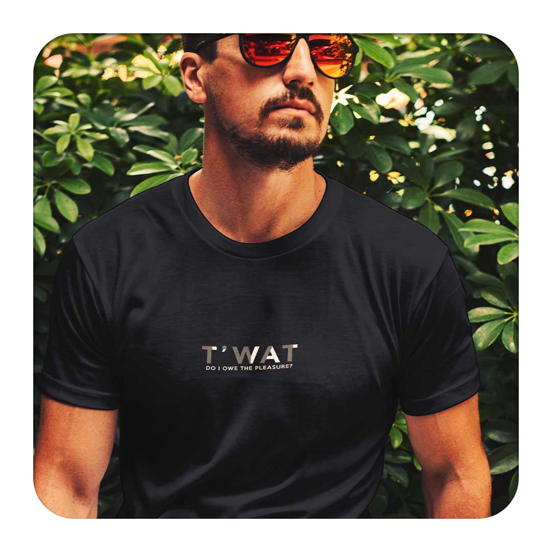 Twat Do I Owe the Pleasure - Hiker Fluid Fit T-shirt worn by a model