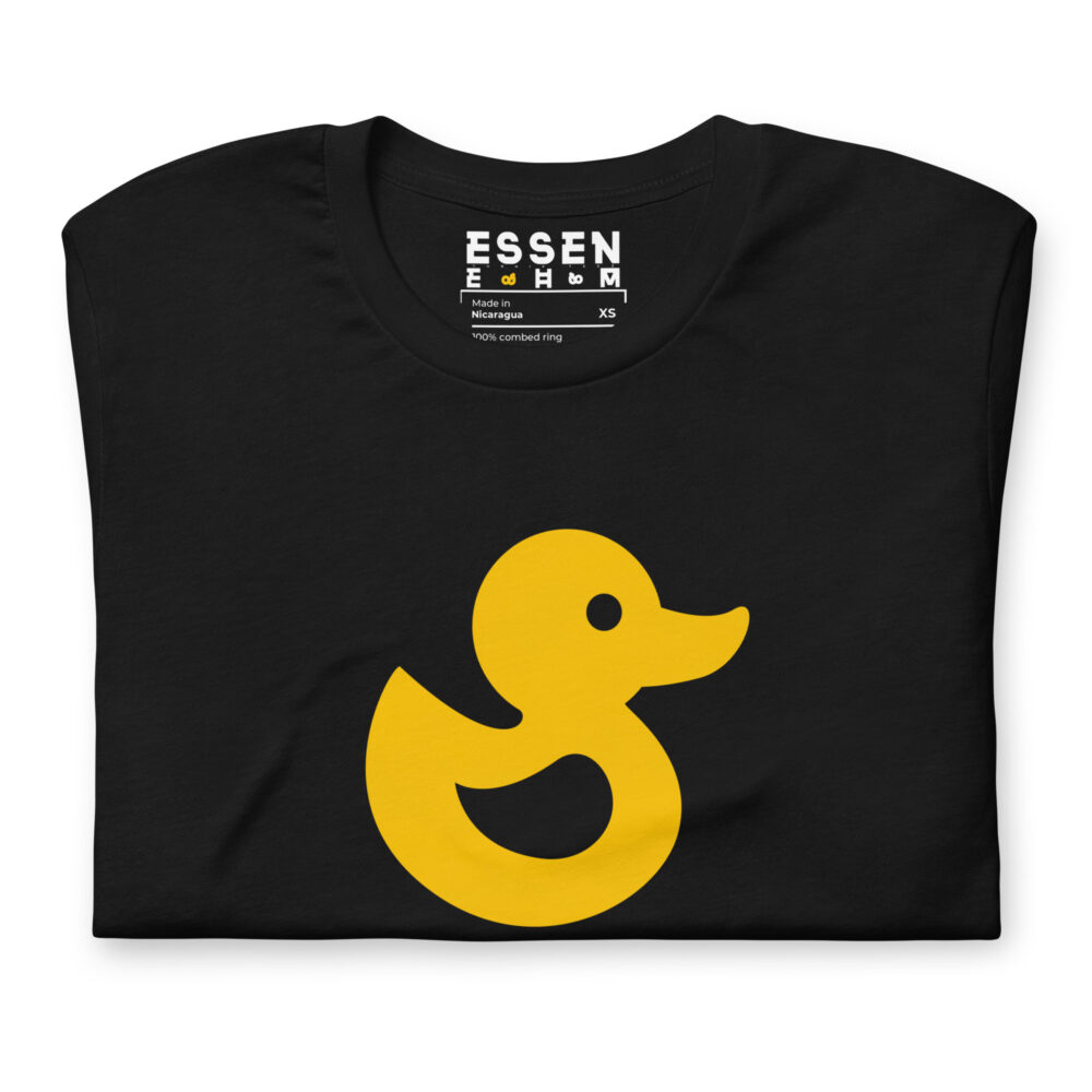 The Duck T-Shirt Joan - Essen Ehm at TURNIP TEEZ on our black hiker 100% cotton t-shirt