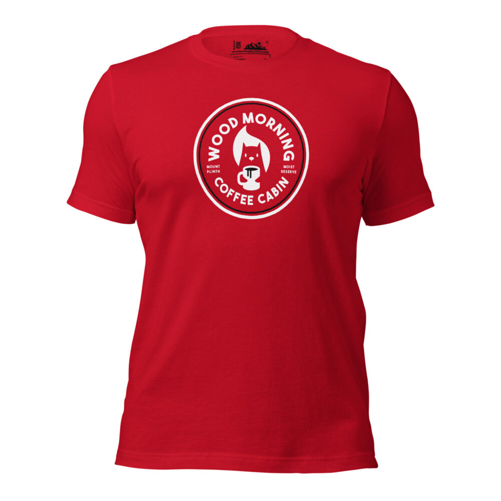 Wood Morning SQUIRREL Coffee Cabin - Mount Moist Plinth White and Black on Red T-shirt