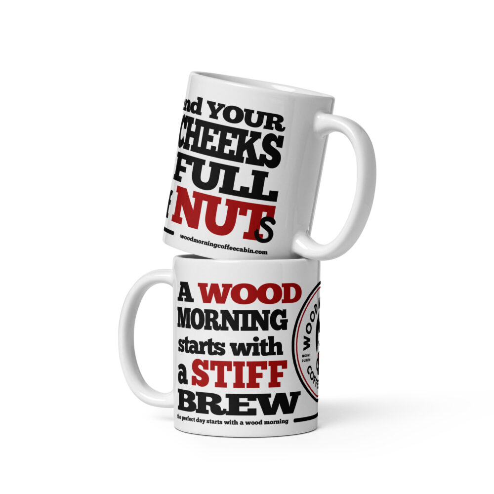 Wood Morning Coffee Cabin Ceramic Mug 15oz stacked showing both sides of the mug