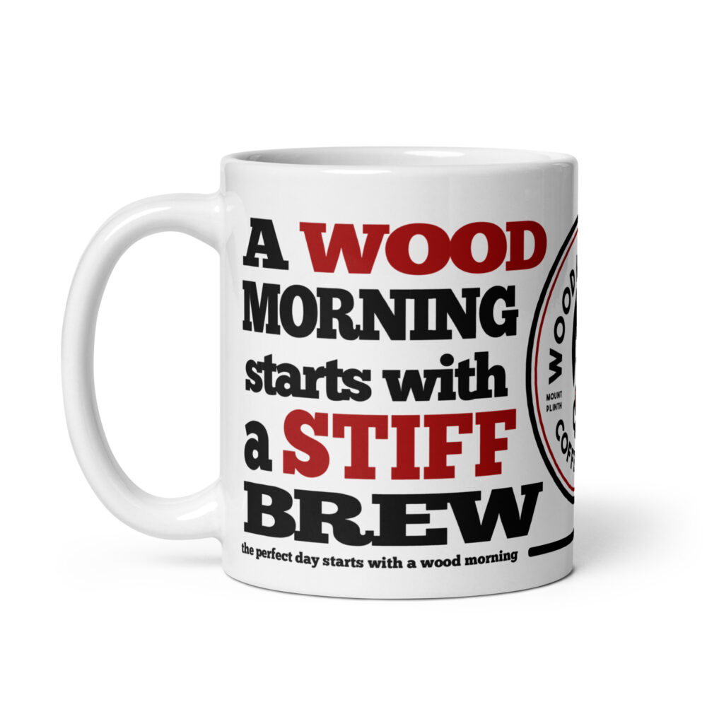 Wood Morning Coffee Cabin Ceramic Mug 15oz handle to the left view